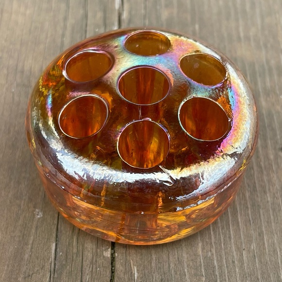 Vintage Iridescent Marigold Carnival Glass Flower Frog Floral Arranger - Picture 7 of 14